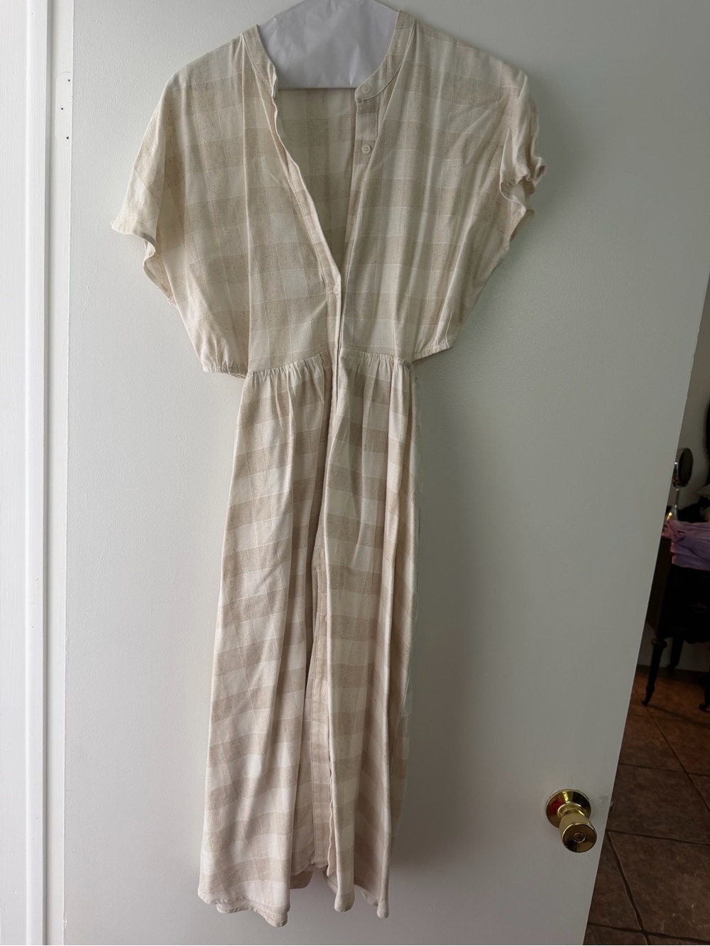 Love Bonito side keyhole cut out Casual Cream Plaid Maxi Dress with Button Front